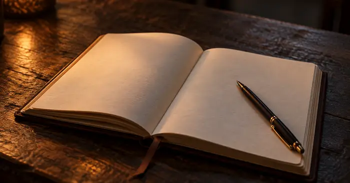 Aufgeschlagenes Notizbuch mit Stift im warmen Kerzenlicht