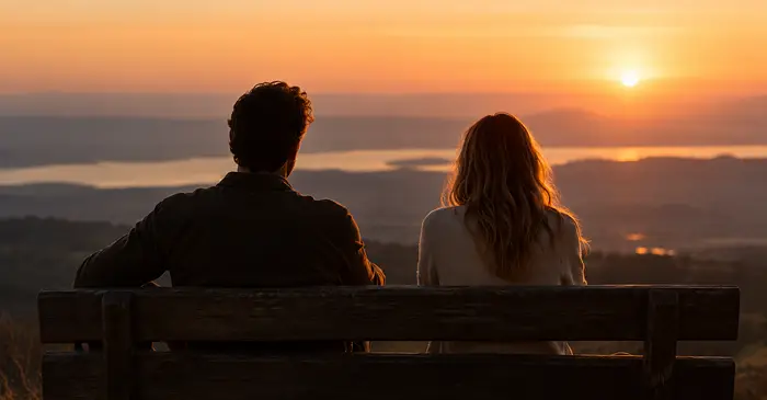 Paar sitzt bei Sonnenuntergang auf einer Holzbank mit Blick ins Tal