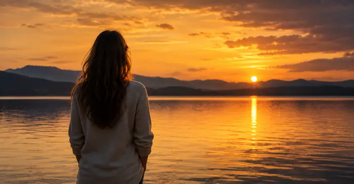 Frau blickt bei Sonnenuntergang auf einen See