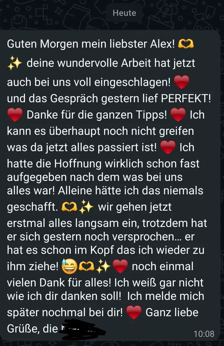 WhatsApp-Nachricht an Alex: Das Gespräch gestern lief perfekt, danke für die ganzen Tipps.