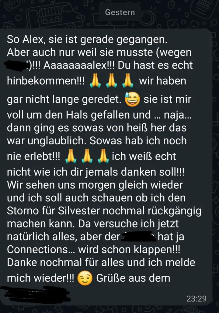 WhatsApp-Nachricht an Alex: Sie ist mir um den Hals gefallen, wir sehen uns morgen wieder.