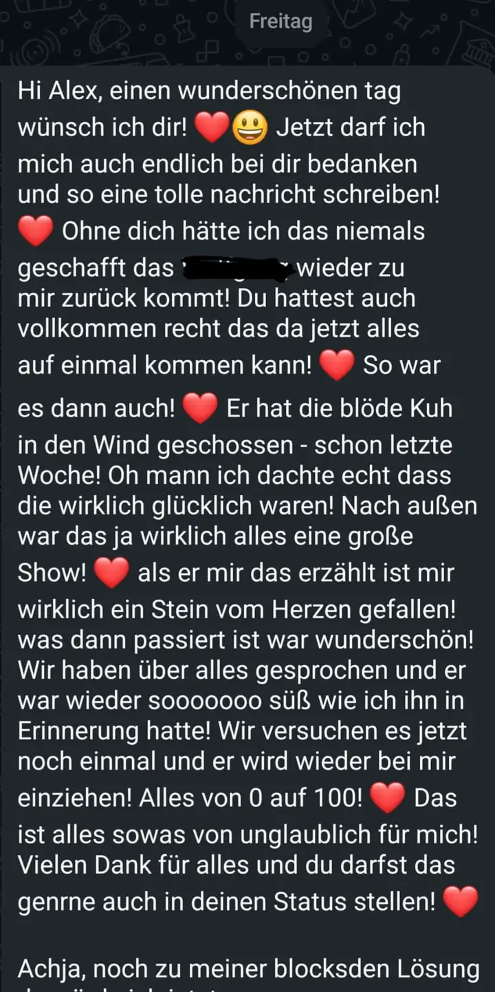 WhatsApp-Nachricht an Alex: Er ist zu mir zurückgekommen und wird wieder bei mir einziehen.