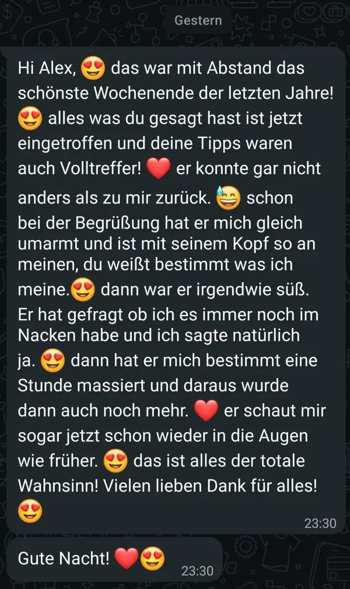 WhatsApp-Nachricht an Alex: Das war mit Abstand das schönste Wochenende der letzten Jahre.