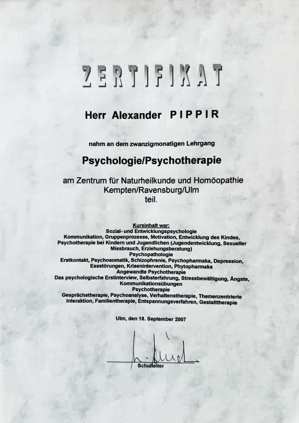 Zertifikat über den Lehrgang Psychologie/Psychotherapie von Alexander Pippir