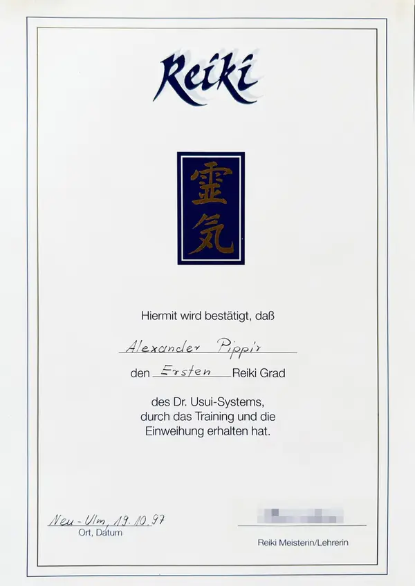 Zertifikat über den ersten Reiki-Grad (Usui-System) von Alexander Pippir