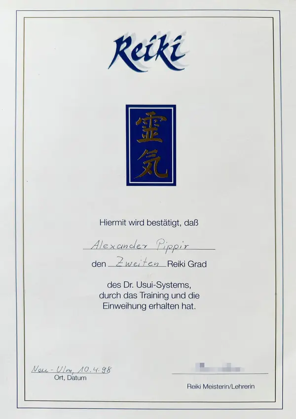 Zertifikat über den zweiten Reiki-Grad (Usui-System) von Alexander Pippir