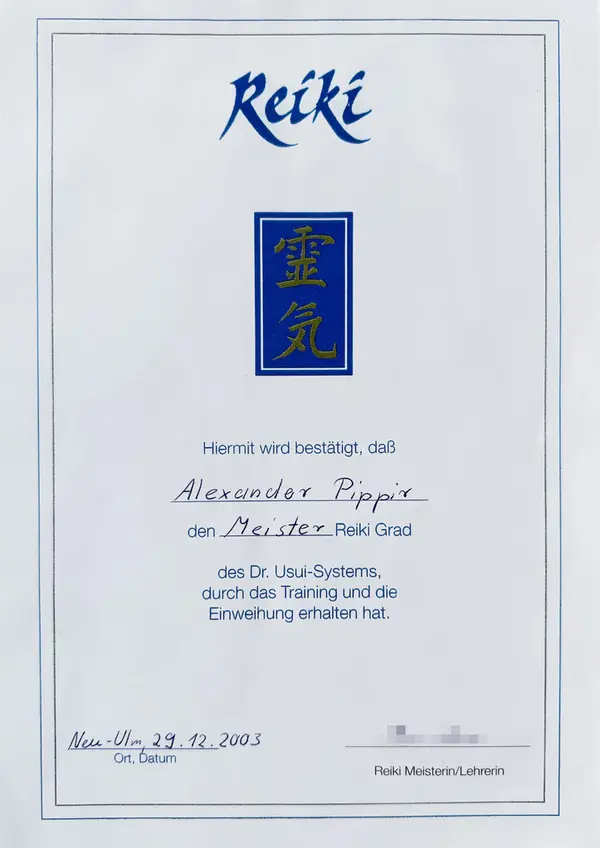 Zertifikat über den Reiki-Meistergrad (Usui-System) von Alexander Pippir