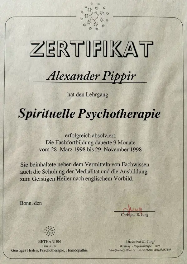 Zertifikat über den Lehrgang Spirituelle Psychotherapie von Alexander Pippir